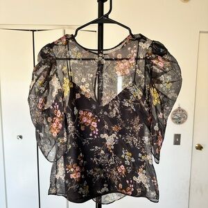 Cinq à Sept Floral Sheer Puff Sleeve Blouse With Black Shell Size S